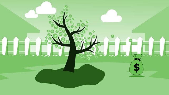 Money tree in a suburban yard, Cartoon money tree with coins growing in a yard with fence houses and sky animation
