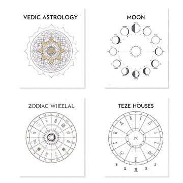 Astrology and Zodiac Symbols Collection with Vedic Moon and Teze Houses Designs