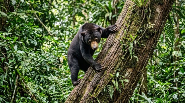 Malayan Sun Bear Climbing a Large Tree in the Dense Tropical Rainforest of Southeast Asia