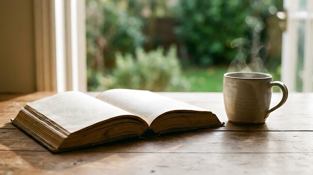 Open book and a steaming cup of coffee on a wooden table