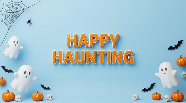 A festive halloween background featuring golden balloons spelling happy haunting surrounded by cute ghost figures pumpkins and black bats on blue
