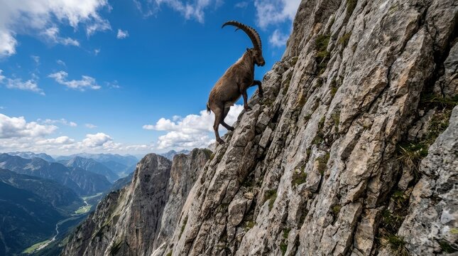 Alpine Ibex Climbing Steep Rocky Cliff in High Mountain Landscape with Blue Sky and Valley View