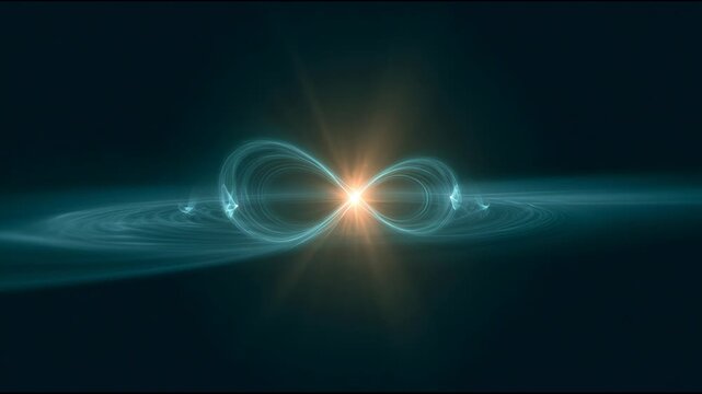 Bright light moves in a loop between two points, creating a steady glow in a dark space.
