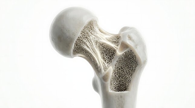 Human femur bone showing osteoporosis porous internal structure