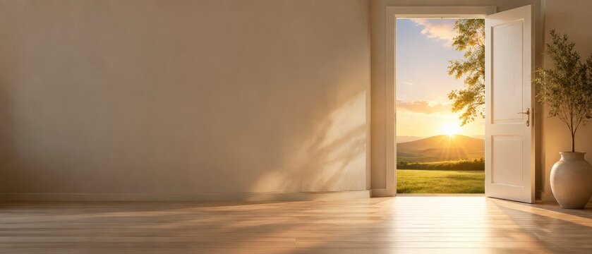 An open doorway welcoming the sunrise representing fresh starts and opportunities for personal development