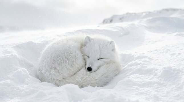 Arctic Fox Curled Up Sleeping in Deep Snow During Winter Storm, Beautiful White Fur Camouflage in Tundra Landscape