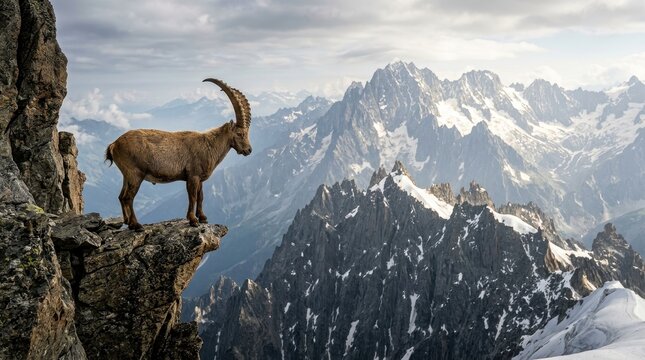 Majestic Alpine Ibex Standing on a Rocky Cliff Edge with a Breathtaking View of Snow-Capped Mountain Peaks in the Alps