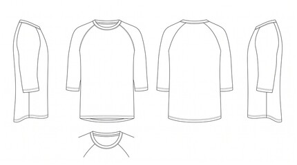 Naklejka premium Men's Raglan 3/4 Sleeve T-Shirt Technical Flat Sketch, Front, Back, Side View Fashion Vector CAD Template for Apparel Design