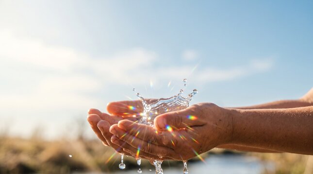 Child Open Hands Cupping Clear Sparkling Water Outdoors Sunbeams