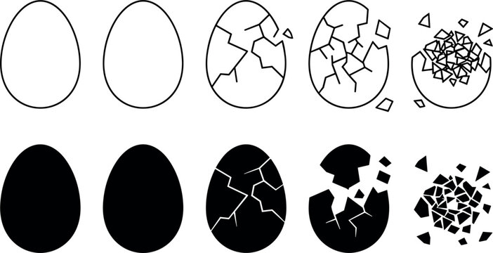Broken egg hatching process icon vector collection featuring cracked shell stages in outline line art and black silhouette styles