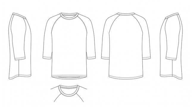 Men's Raglan 3/4 Sleeve T-Shirt Technical Flat Sketch, Front, Back, Side View Fashion Vector CAD Template for Apparel Design