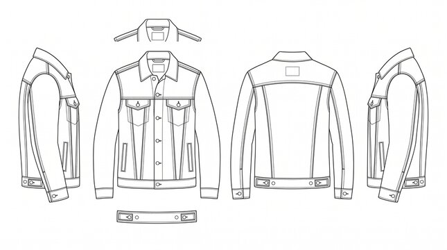 Denim Trucker Jacket Fashion Flat Sketch Vector Technical Drawing Set with Front Back and Side Views