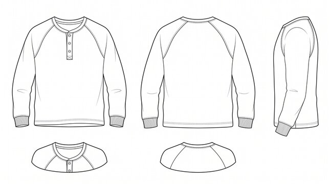 Long Sleeve Henley Raglan Shirt Technical Fashion Flat Sketch Vector Template Front Back Side View