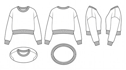 Naklejka premium Oversized Cropped Sweatshirt Technical Flat Sketch Template with Front, Back, and Side Views