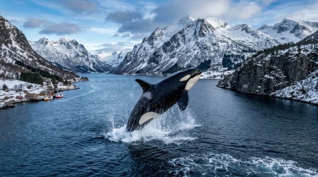 Majestic Killer Whale Breaching in a Scenic Norwegian Fjord with Snow-Capped Mountains and Winter Landscape