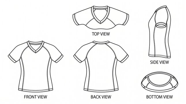 Women's V-Neck Raglan Sleeve T-shirt Technical Flat Sketch - Front Back Side Top Bottom View Template