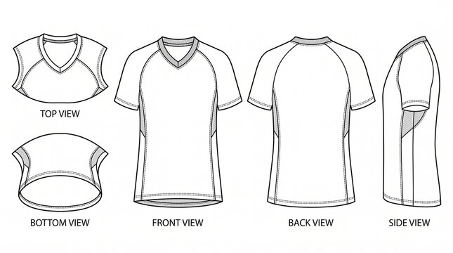 Men's Raglan Short Sleeve V-Neck T-Shirt Technical Flat Sketch Template with Front Back Side Top and Bottom Views