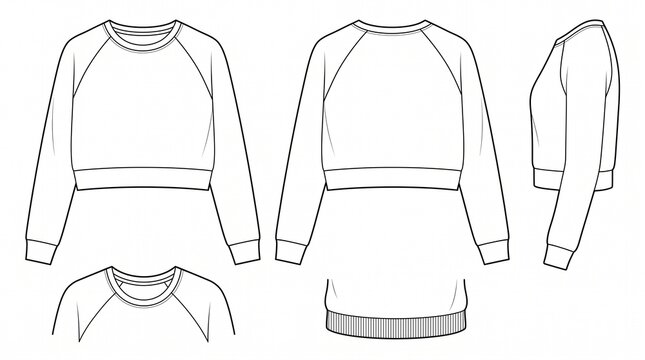 Women's Cropped Raglan Sweatshirt Technical Drawing Template - Front, Back, and Side Fashion Flat Sketch