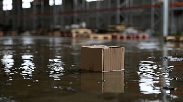 cardboard box floating in flooded warehouse