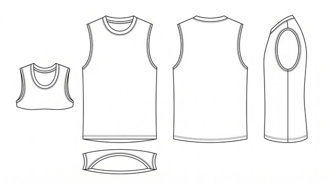 Men's Sleeveless Tank Top Technical Sketch - Front Back Side and Cropped Views for Apparel Design Mockup