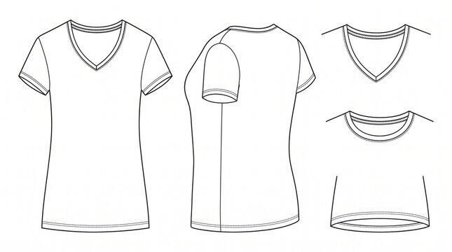 Women's V-Neck T-Shirt Technical Flat Fashion Sketch Vector Illustration Template