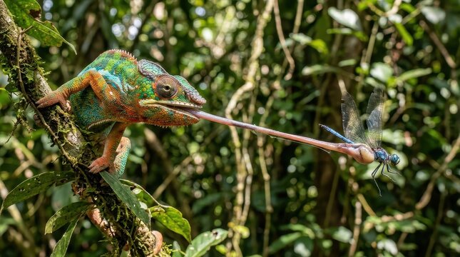 Vibrant Panther Chameleon Catching a Dragonfly with Long Tongue in Tropical Rainforest Jungle