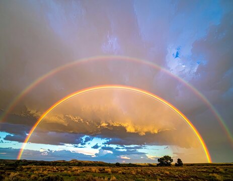A breathtaking double rainbow arches across a dramatic sky over a vast, open landscape.