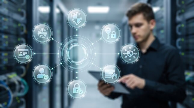 IT professional using digital tablet to manage network cybersecurity infrastructure with virtual interface icons representing data protection and secure server access in modern data center