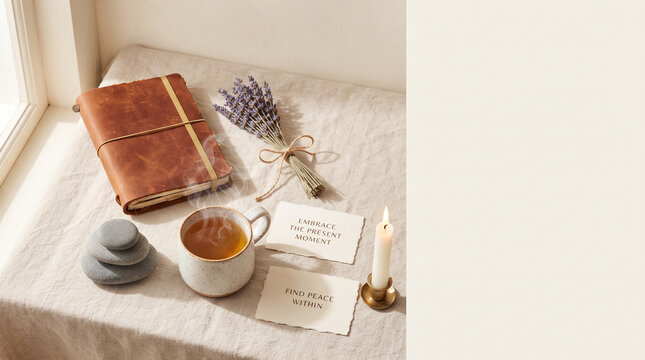 Cozy mindfulness scene with a leather journal, steaming tea, lavender, and inspirational quote cards on linen fabric