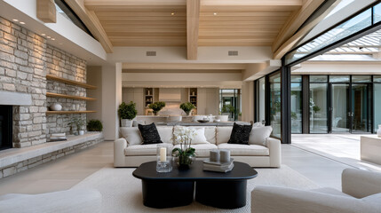 Obraz premium Bright modern living room with neutral color palette, stone fireplace, wood ceiling, large windows, luxury decor, and open space design