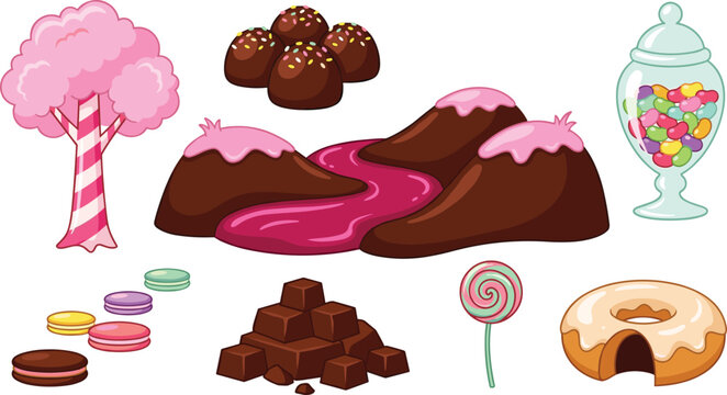 Sweet Candy Land Landscape Vector Set Featuring Chocolate Mountains Strawberry River Cotton Candy Tree Truffles Macarons Jellybeans Donut and Lollipop Icons