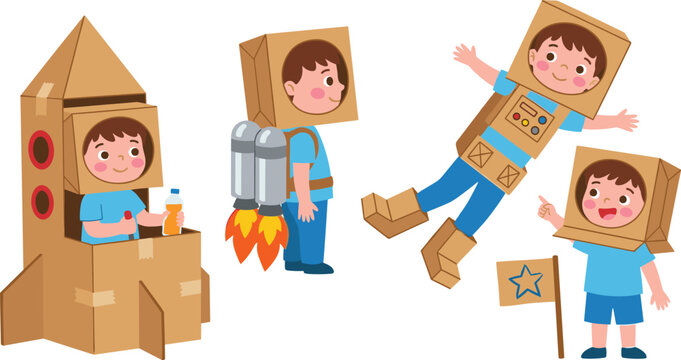 Cute Boy Character Vector Set Playing Astronaut in Cardboard Box Rocket Spacesuit Jetpack and Holding Star Flag for Creative Childhood Designs