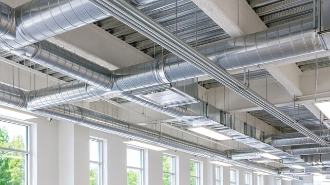 Industrial ceiling with silver ventilation ducts and windows