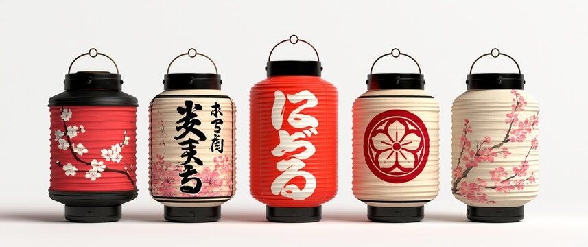 Traditional Japanese lanterns with floral and calligraphy designs