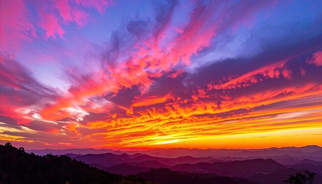 Fiery sunset painting the sky with vibrant colors over rolling hills.