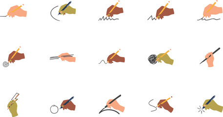 Obraz premium Creative Hands Writing and Drawing Icon Set Featuring Human Hands Holding Pencils and Pens Sketching Lines Circles Scribbles and Chopsticks Symbols