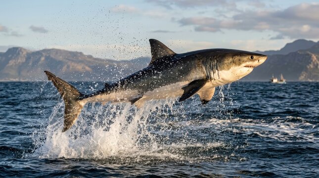 Powerful Great White Shark Breaching the Ocean Surface with Dramatic Splash and Mountains Background