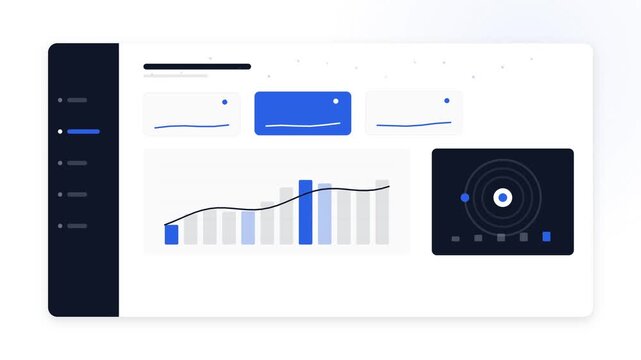 Minimalist digital dashboard interface with data visualization charts and analytics metrics.
