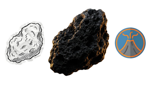 Volcanic pumice stone collection, porous black lava rock with sketch and volcano icon, natural igneous mineral set