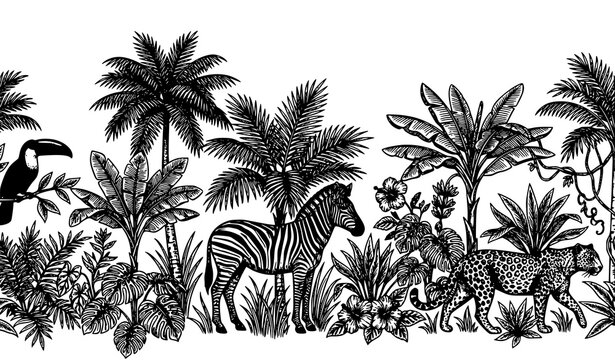 Retro jungle mural leopard zebra toucan tropical botanical seamless vector border