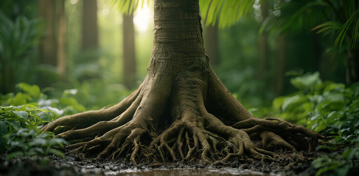 Tropical tree stilt root close up, lush green forest background, sunlight, natural growth, vibrant foliage, moist soil, serene atmosphere