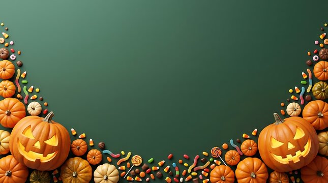 Festive halloween background featuring a decorative border of carved pumpkins and autumn foliage on a dark green surface with empty center space
