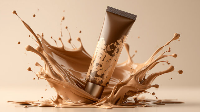 Vibrant splash of liquid next to a cosmetic tube set against rich brown hues and textured backgrounds