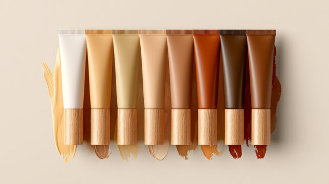 Aesthetic arrangement of diverse foundation tubes on a neutral background for beauty and makeup themes