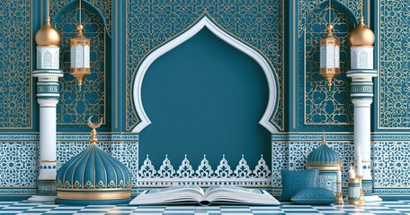 Naklejka premium Ornate mosque interior with open book and prayer