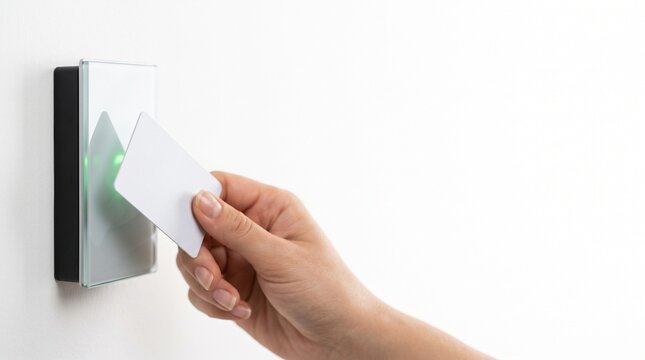 Hand Holding White RFID Proximity Access Card Glass Wall Reader