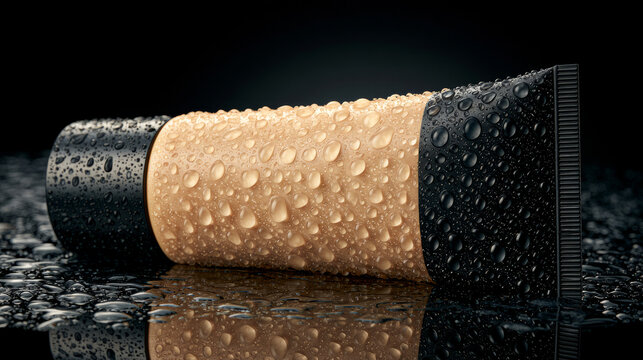 Hydrating cream tube adorned with water droplets resting on a sleek black surface reflecting light beautifully