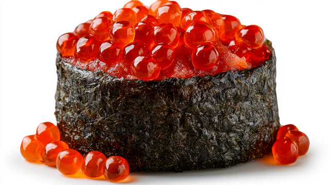 Delicious sushi roll topped with bright orange fish roe and wrapped in seaweed on a white background
