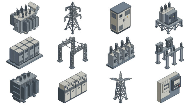 Isometric collection of electrical power equipment and infrastructure.