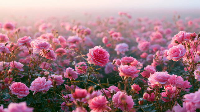 Beautiful pink roses flourishing in a garden during sunrise illuminated by gentle morning light